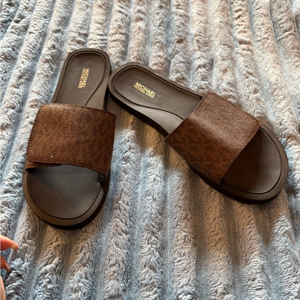 Michael Kors MK Logo Dark Brown Slide Sandals